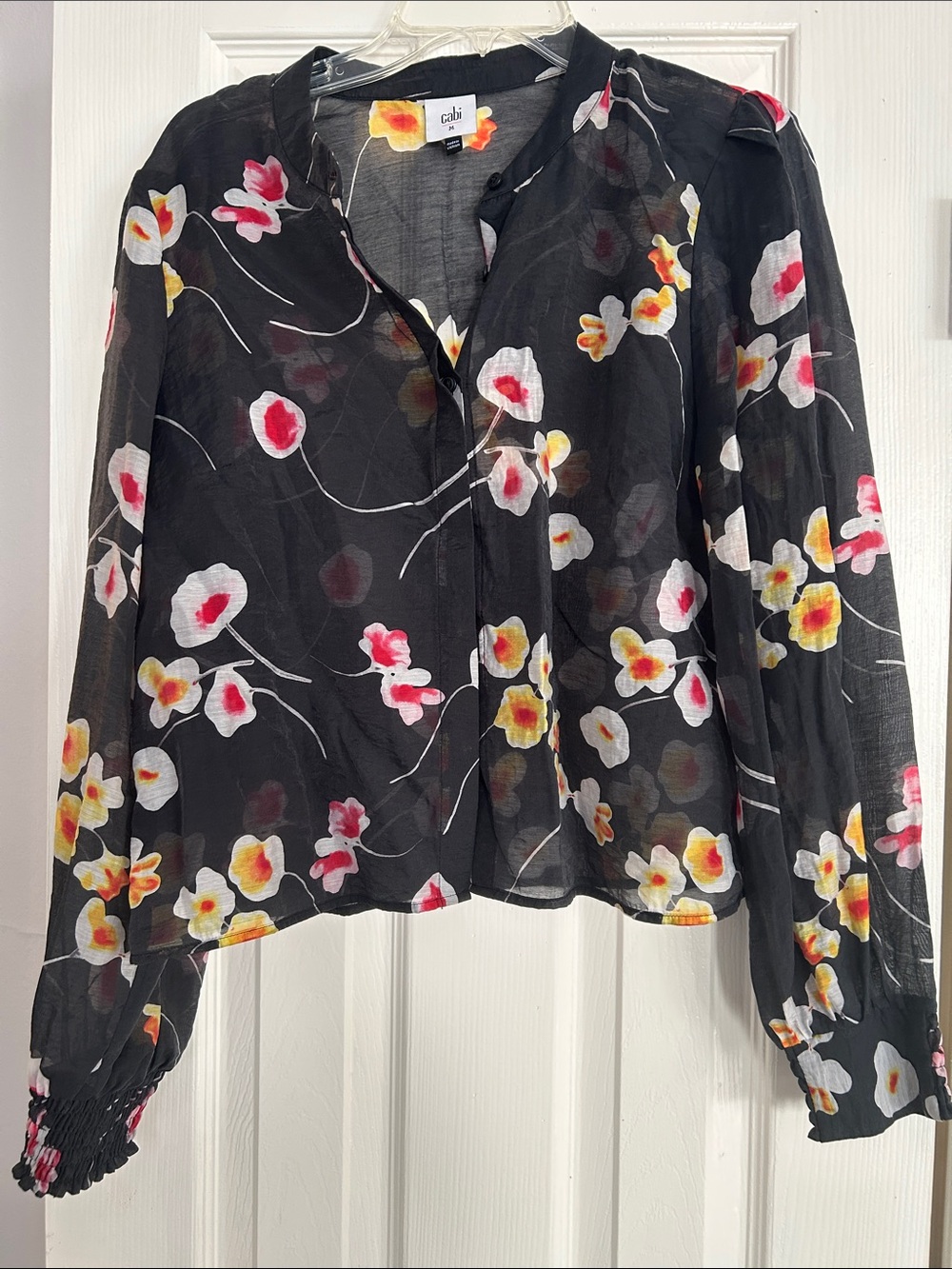 CAbi Black Sheer Floral Blouse with Pink & Yellow Blooms